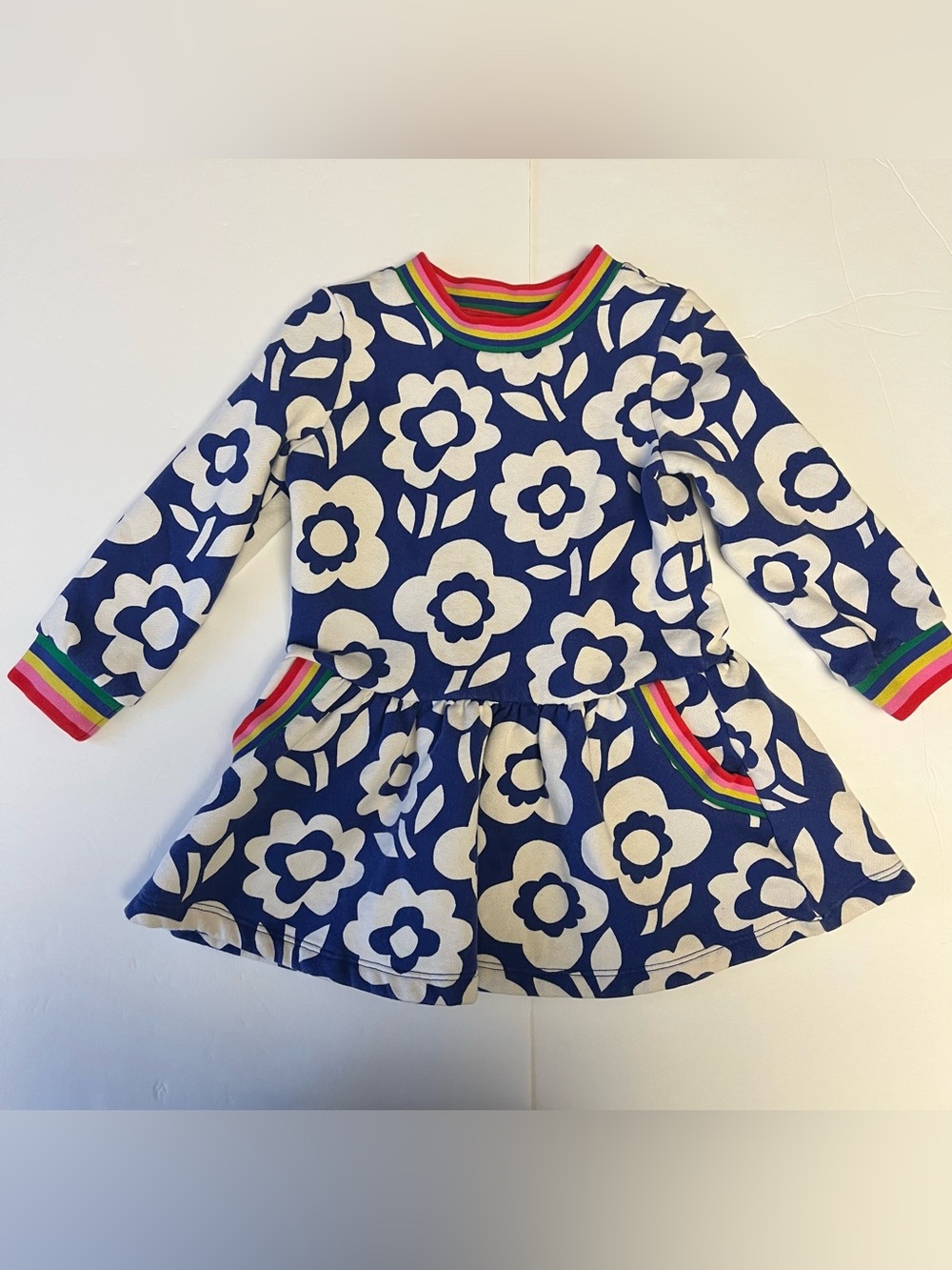 Mini Boden Girls Dress 3-4Y Fit & Flare Blue White Floral Rainbow Trim